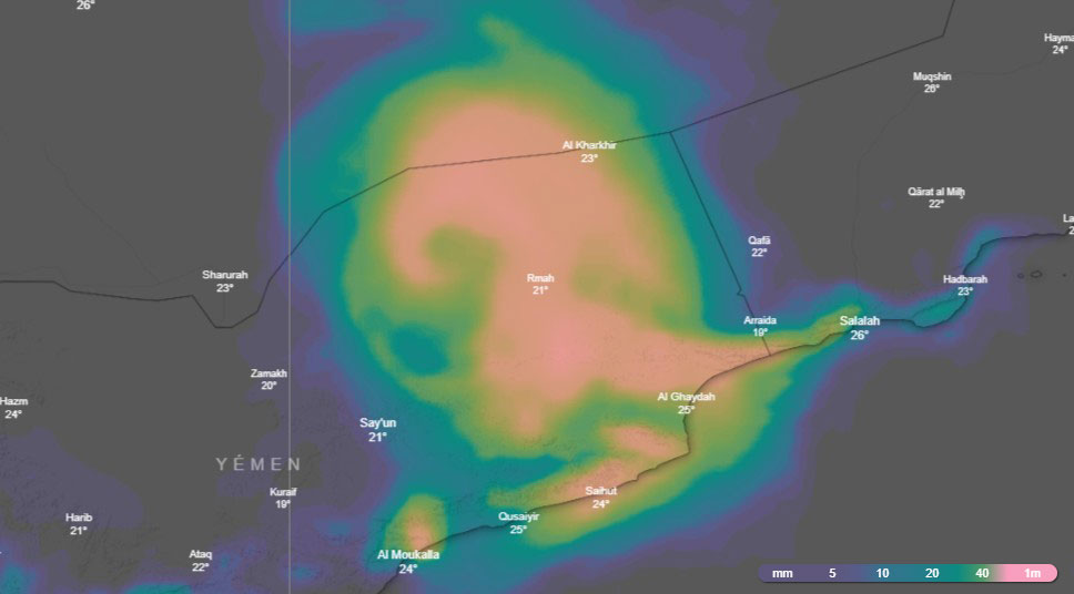 Cumuls des prochaines 48h sur le Yémen ©WINDY