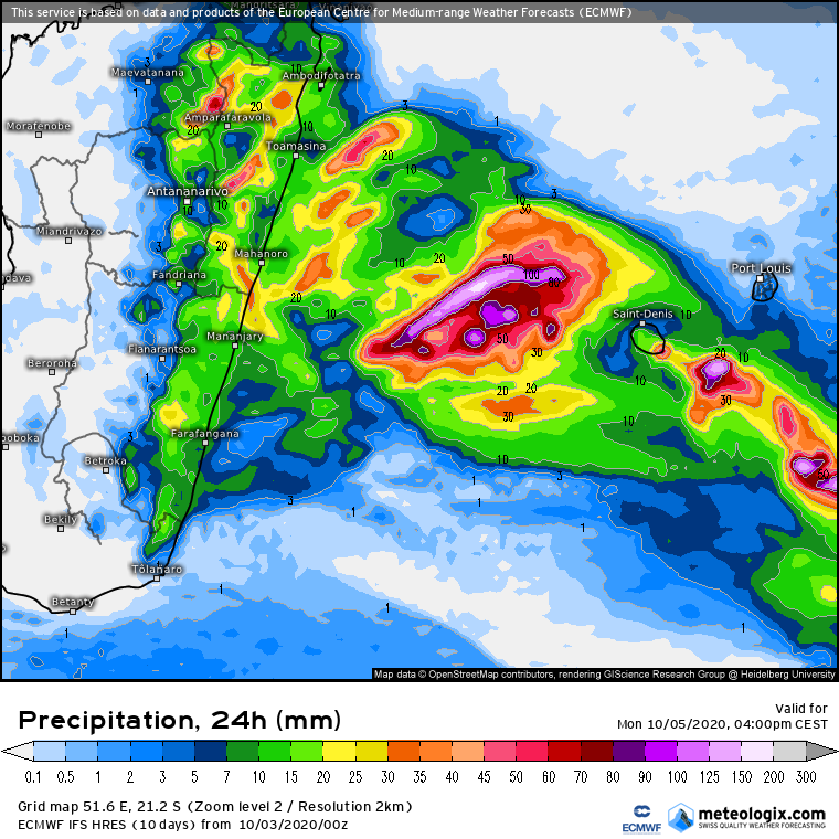 prevision cumul pluviometrique sur 24h IFS la Réunion